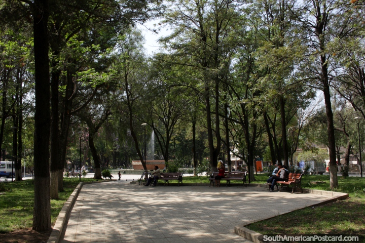 Parque Bolivar with fountain in the distance in Tarija. (720x480px). Bolivia, South America.