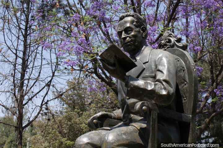 Man reading a book, monument in Tarija below purple trees. (720x480px). Bolivia, South America.