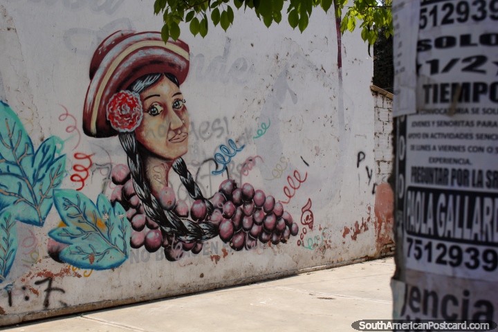 Mujer con sombrero y una flor que sostiene las uvas, graffiti en Tarija. (720x480px). Bolivia, Sudamerica.