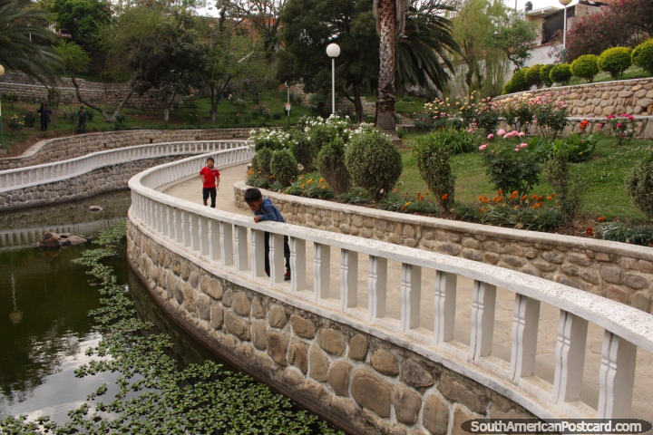 Water feature, paths and gardens at the Flowers Park in Tarija. (720x480px). Bolivia, South America.