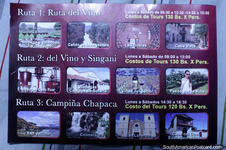 As 3 vias de rasto de vinho, os seus preos e tempos com fotos, disponveis em Tarija. (720x480px). Bolvia, Amrica do Sul.
