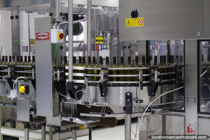 As garrafas de vinho vazias entram na mquina para encher e etiquet-los em Bodega Kohlberg em Tarija. (720x480px). Bolvia, Amrica do Sul.