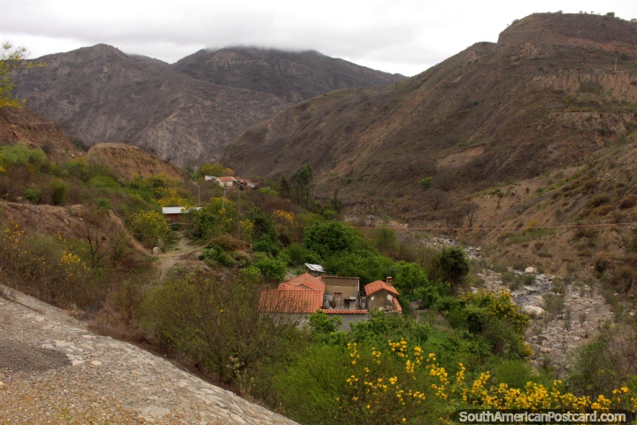 Unas pocas casas en un valle verde al lado del ro al sur de Padcaya. (720x480px). Bolivia, Sudamerica.