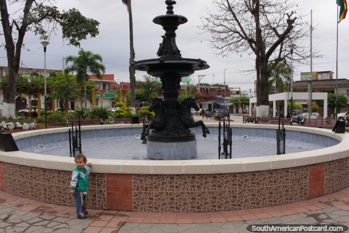 The large fountain in the center of the plaza in Bermejo. (720x480px). Bolivia, South America.