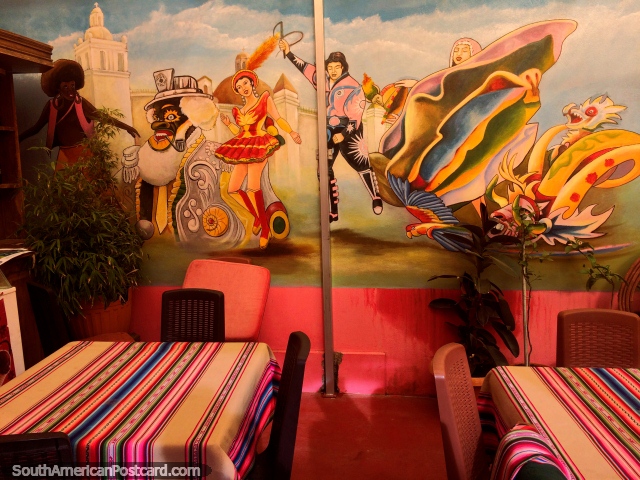 Characters from carnival celebrate, a beautiful mural in a restaurant in Copacabana. (640x480px). Bolivia, South America.