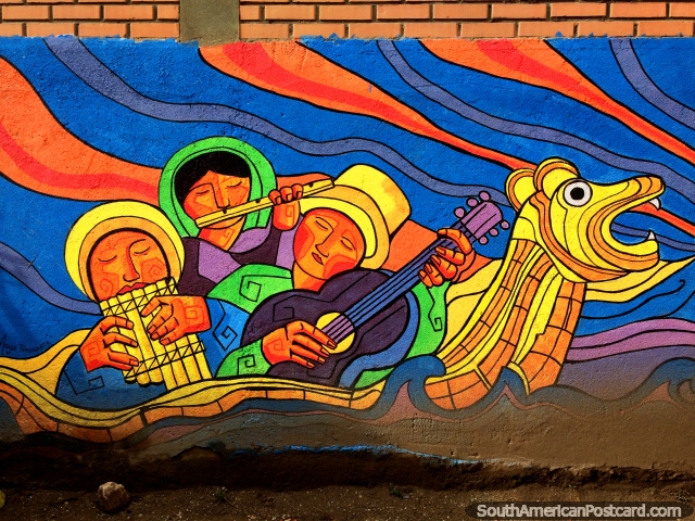 Band of musicians play while floating on a dragon boat, street art in Copacabana. (640x480px). Bolivia, South America.