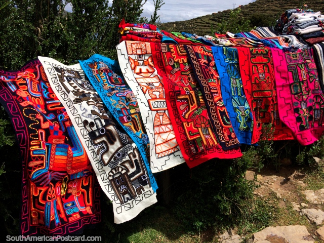 Wall hangings, beautifully designed, nice colors, for sale on the Island of the Sun, Copacabana. (640x480px). Bolivia, South America.