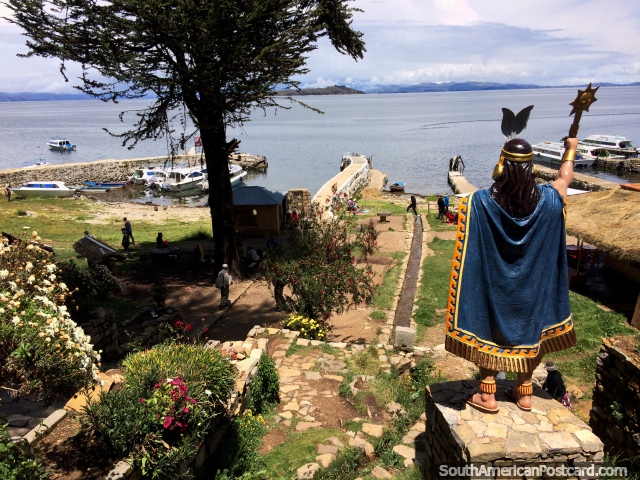 Inca warrior chief keeps charge over the bay at the Island of the Sun in Copacabana. (640x480px). Bolivia, South America.