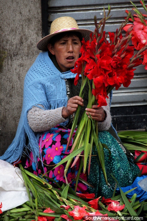 Separating red flowers from the pink flowers, this lady is selling them in Copacabana. (480x720px). Bolivia, South America.