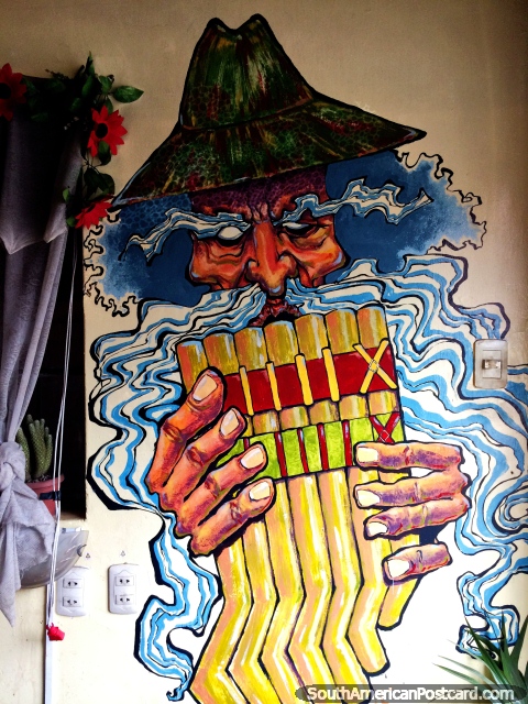 O homem subi com cabelo azul e chapu preto leva traqueias-artrias, mural em um caf em Copacabana. (480x640px). Bolvia, Amrica do Sul.