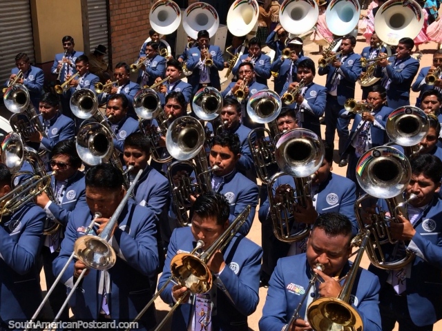 Brass band of Copacabana rev up the streets with a full blown performance for carnival, end of January. (640x480px). Bolivia, South America.