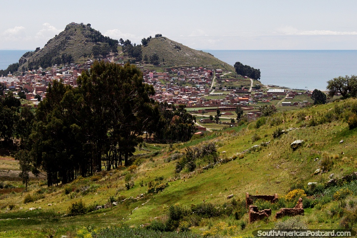 Copacabana with Cerro Calvario (hill) and Lake Titicaca, view from the distance. (720x480px). Bolivia, South America.