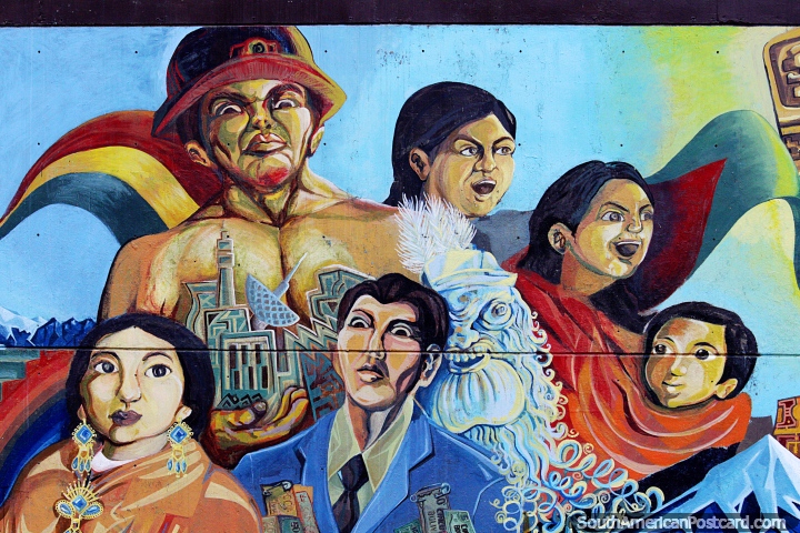 Pessoas e os funcionrios, Chaizo, um mural fantstico em La Paz, 6 figuras e um esprito. (720x480px). Bolvia, Amrica do Sul.