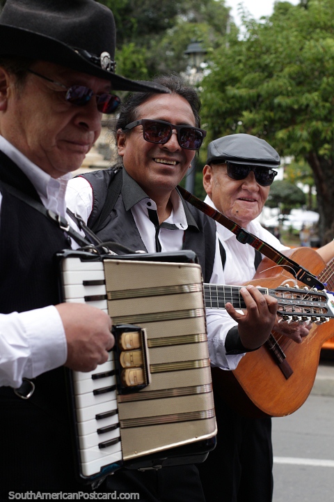 Los msicos tocan en el carnaval de Sucre, guitarras y acorden, ropas en blanco y negro. (480x720px). Bolivia, Sudamerica.