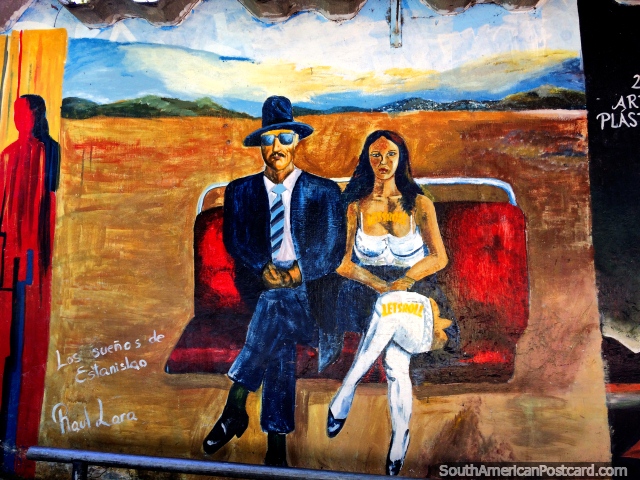 Hombre y mujer sentados en un asiento rojo, mural de una pintura de Raul Lara Torrez (1940-2011), Sucre. (640x480px). Bolivia, Sudamerica.