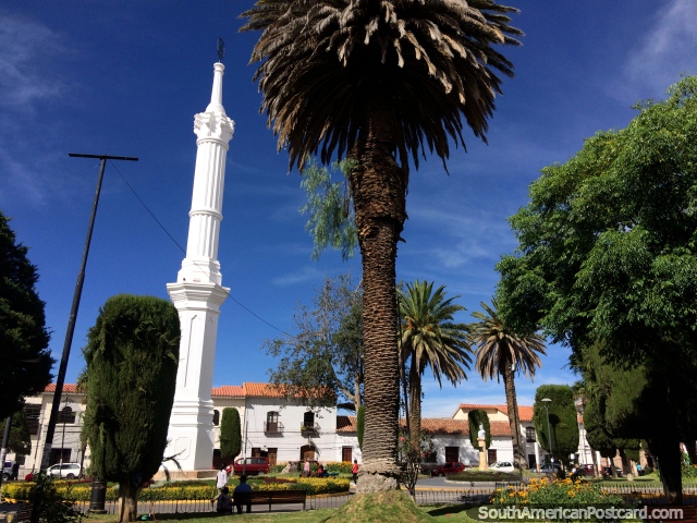 The Obelisco, tall white column at Plaza Libertad in Sucre. (640x480px). Bolivia, South America.