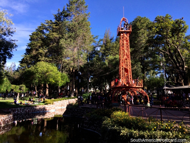 Central area of Bolivar Park with Eiffel tower, pond and towering trees in Sucre. (640x480px). Bolivia, South America.