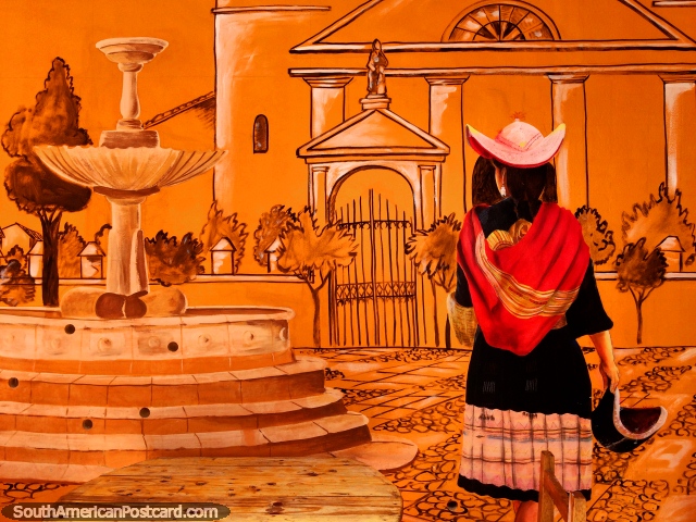 Belo mural cor-de-laranja de uma mulher perto de uma fonte e altas colunas, Sucre. (640x480px). Bolvia, Amrica do Sul.