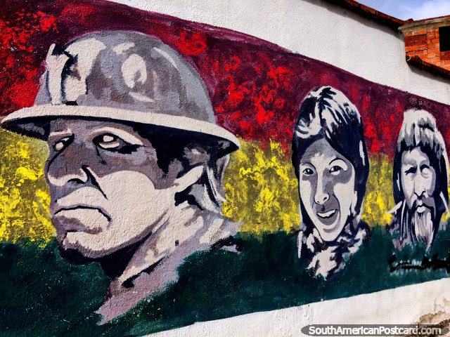 Man in a hard hat, young woman, old man, 3rd of 3 similar works of street art in Sucre. (640x480px). Bolivia, South America.