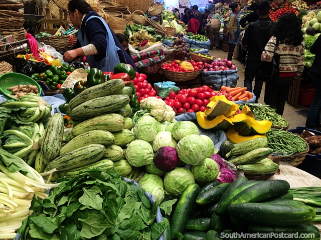 Cucumber, cabbage, pumpkin, tomato, carrots, beans, all fresh at Central Market in Sucre. (640x480px). Bolivia, South America.