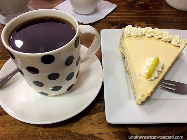 Lemon pie and coffee at Antojos Cafe in Sucre, $16bob ($2.30USD), delicious. (640x480px). Bolivia, South America.