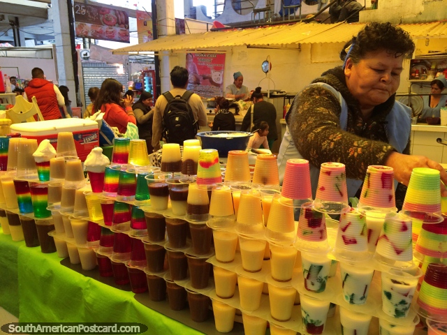 Puddings and jelly cups are very popular in Sucre, delicious food at Central Market. (640x480px). Bolivia, South America.
