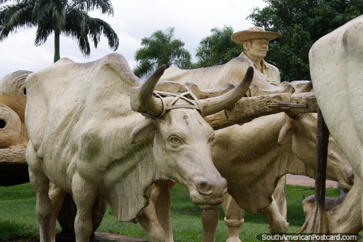 Hombre con sus vacas arando, monumento en Cobija. (720x480px). Bolivia, Sudamerica.