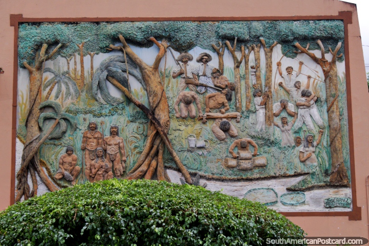O mural por Jose Antonio Arnez Cabrera que conta a histria das pessoas em Cobija. (720x480px). Bolvia, Amrica do Sul.