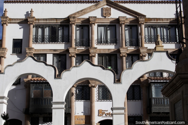 White facade, columns and arches, a beautiful building in Potosi. (720x480px). Bolivia, South America.