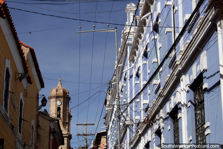 Antique facades, well-maintained and the cathedral tower in central Potosi. (720x480px). Bolivia, South America.
