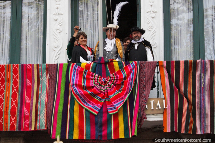 The royal family of Potosi step out onto the balcony for the public to view, a special event. (720x480px). Bolivia, South America.