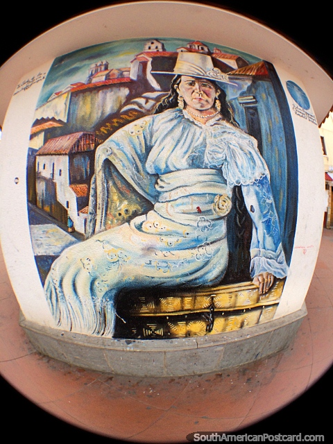Una mujer vestida con un vestido blanco y sombrero, mural en la calle de Potosí. (480x640px). Bolivia, Sudamerica.