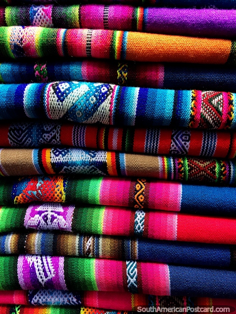 Colorful blankets that the indigenous people use and wear, for sale in Potosi. (480x640px). Bolivia, South America.