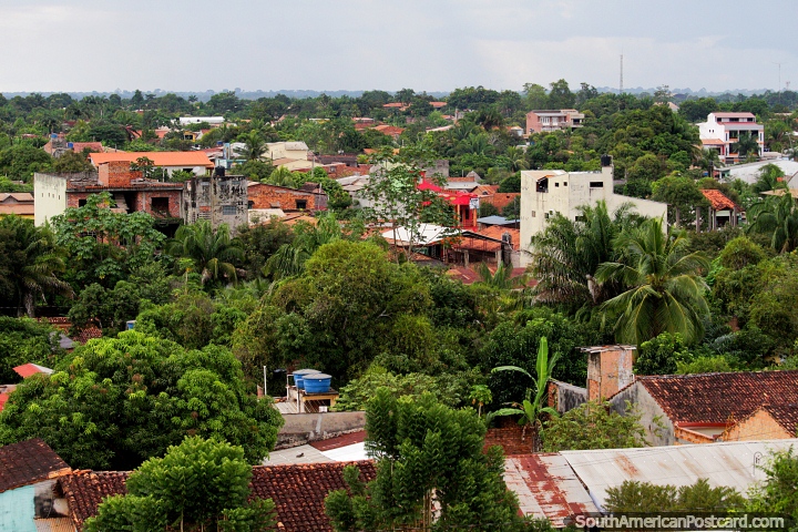 A visão de Riberalta na bacia de Amazônia com muitas árvores com casas estendeu-se entre eles. (720x480px). Bolívia, América do Sul.