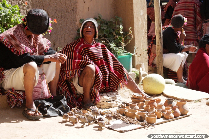 Cerámicas y pajaritos hechos de piñas, artesanías de la comunidad Puka-Puka. (720x480px). Bolivia, Sudamerica.