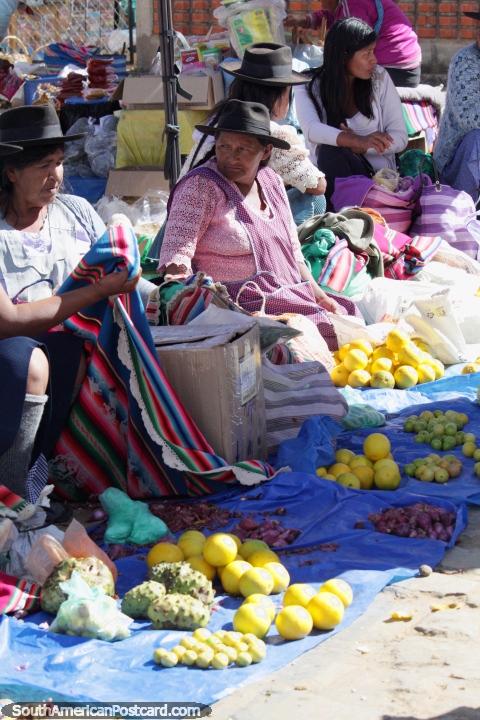 As mulheres vendem viscos, cebolas e laranjas no mercado de Tarabuco, 64 km de Sucre. (480x720px). Bolívia, América do Sul.