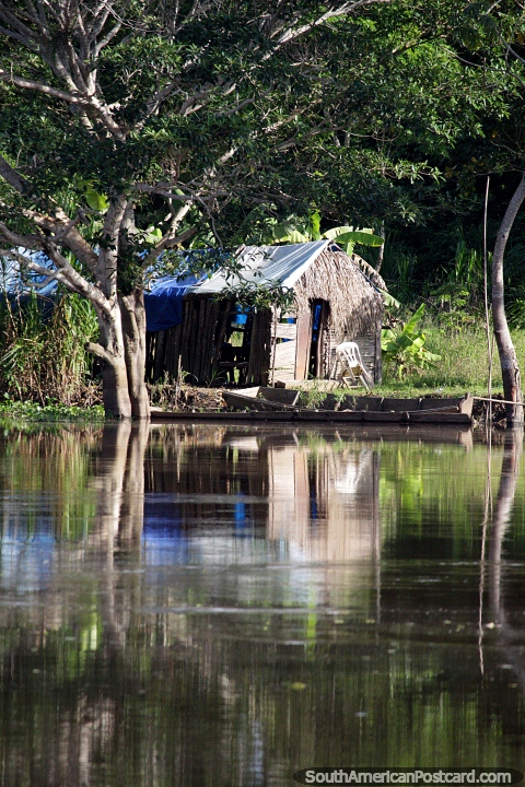 A jungle hut on the banks of the Mamore River in Trinidad. (480x720px). Bolivia, South America.