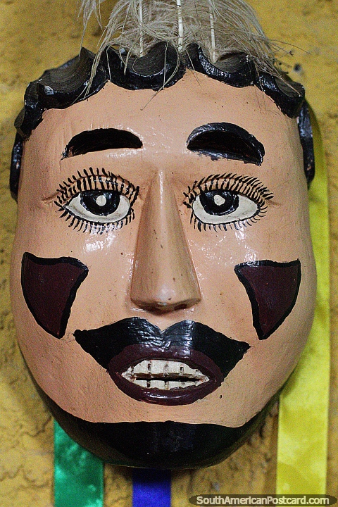 Los Moros mask, a religious dancer, part of the cultural exhibition at the Kenneth Lee Museum, Trinidad. (480x720px). Bolivia, South America.