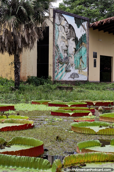 Criaes do Amaznia, cobra, delfim, tigre e arara, mural cermico do lado de fora de Museu de Kenneth Lee, Trinidad. (480x720px). Bolvia, Amrica do Sul.