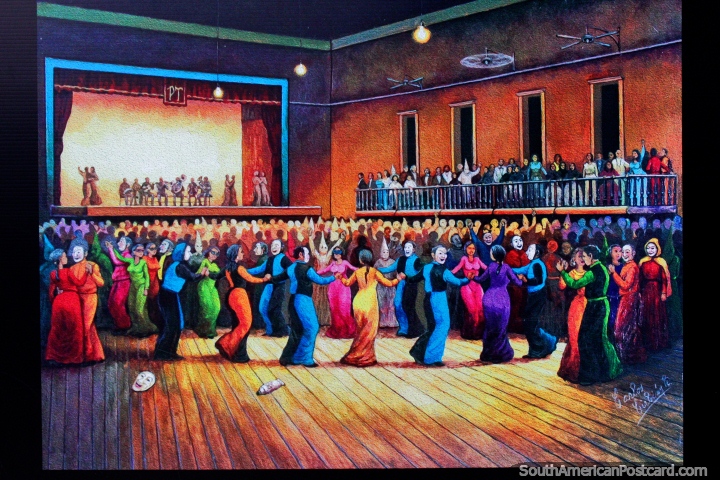Dancing with masks in 1920 at the Palace Theater, painting by Carlos Cirbian, the history of Santa Cruz. (720x480px). Bolivia, South America.