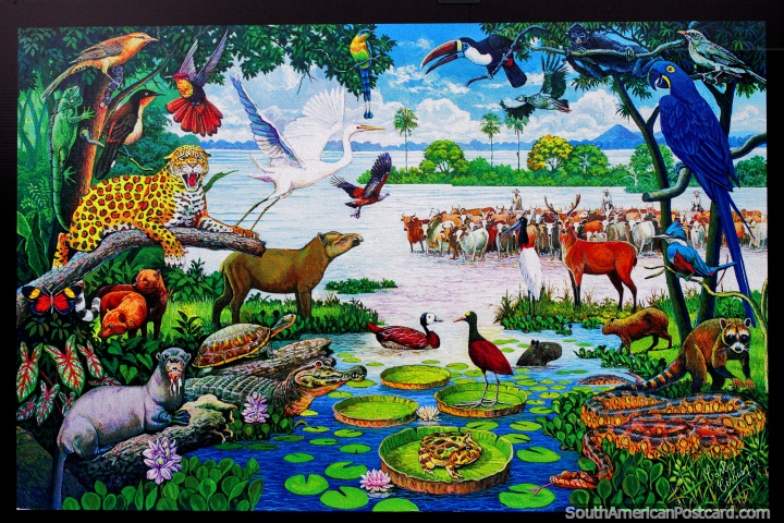 El Pantanal en el lado este de Bolivia, humedales llenos de increble vida silvestre, pintura de Carlos Cirbin. (720x480px). Bolivia, Sudamerica.