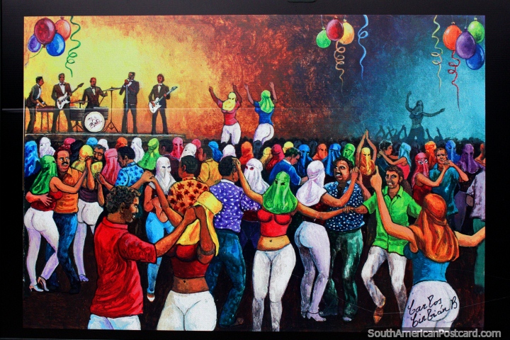 Dancing with masks at El Caballito in the 1960s, painting by Carlos Cirbian on display in Santa Cruz. (720x480px). Bolivia, South America.