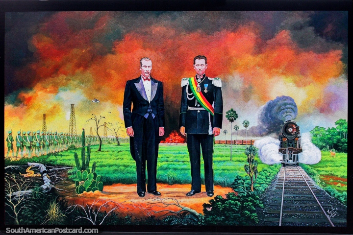 German Busch - president (1937-39) and Dr. Dionisio Foianini Banzar (minister of mines and petrol) beside train tracks, painting by Carlos Cirbian, Santa Cruz. (720x480px). Bolivia, South America.