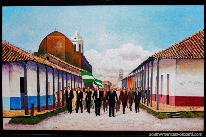 Fight for civil rights (1957-1959) in Santa Cruz, painting by artist Carlos Cirbian. (720x480px). Bolivia, South America.