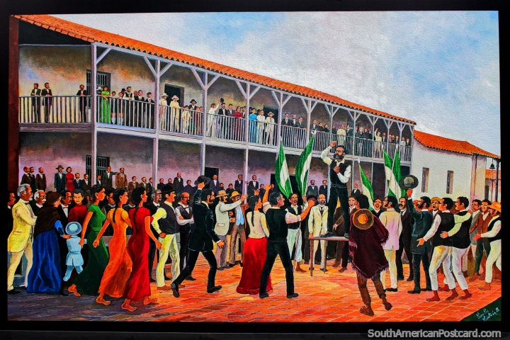 Dr. Andres Ibanez in 1876 holds a public meeting beside the main plaza in Santa Cruz, painting by Carlos Cirbian. (720x480px). Bolivia, South America.