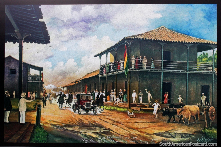 In 1919 the first car arrived in Santa Cruz, a Ford, a series of paintings by Carlos Cirbian. (720x480px). Bolivia, South America.