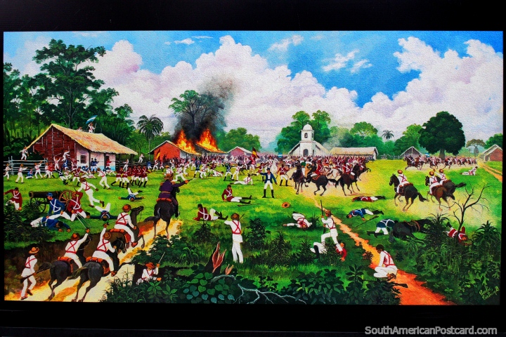 Batalla de Florida el 25 de Mayo de 1814, escena de batalla en Santa Cruz, pintura de Carlos Cirbin. (720x480px). Bolivia, Sudamerica.
