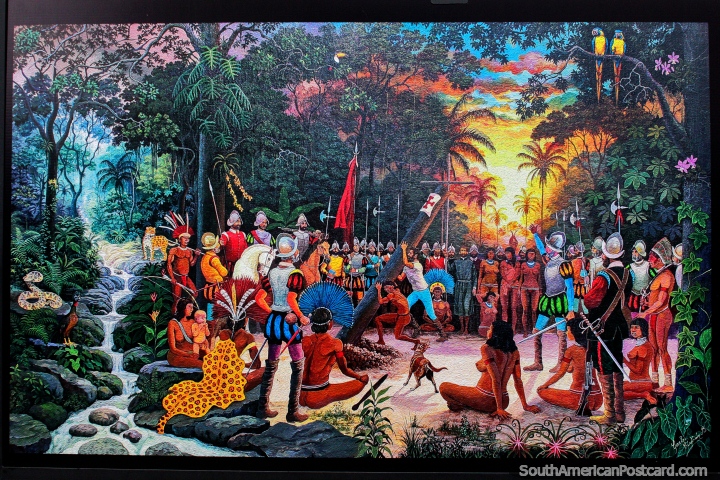 Amanecer del 26 de febrero de 1561, fundacin de Santa Cruz, escena de la selva con pueblos indgenas y coloniales, pintura de Carlos Cirbin. (720x480px). Bolivia, Sudamerica.