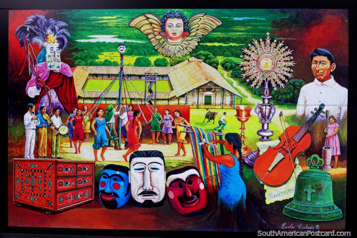 The Grand Chiquitania, a social spectacular (1691-1760) with music, dancing and masks, painting by Carlos Cirbian. (720x480px). Bolivia, South America.