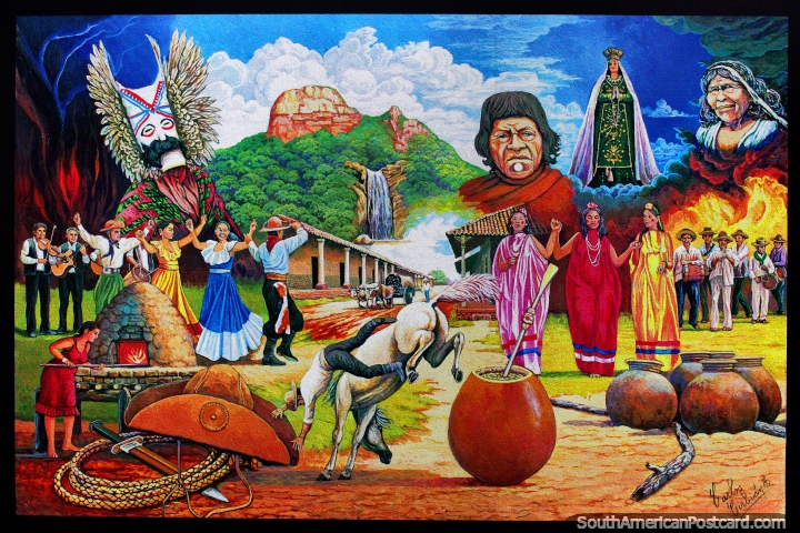 Celebraciones culturales llamadas El Chaco Cruceo, la historia de Santa Cruz por el artista Carlos Cirbin. (720x480px). Bolivia, Sudamerica.
